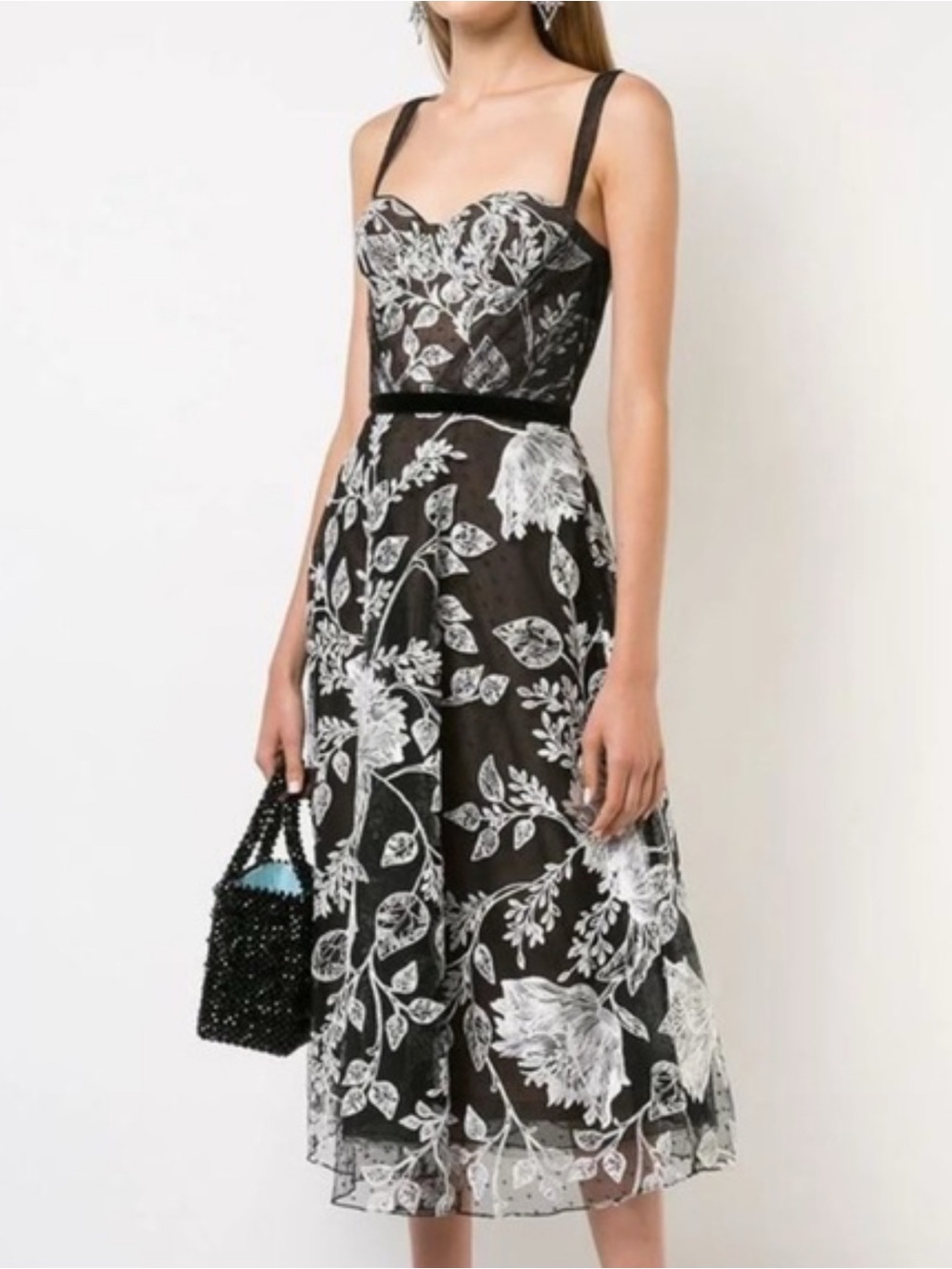 Black Floral Embroidered Midi Dress with Sweetheart Neckline